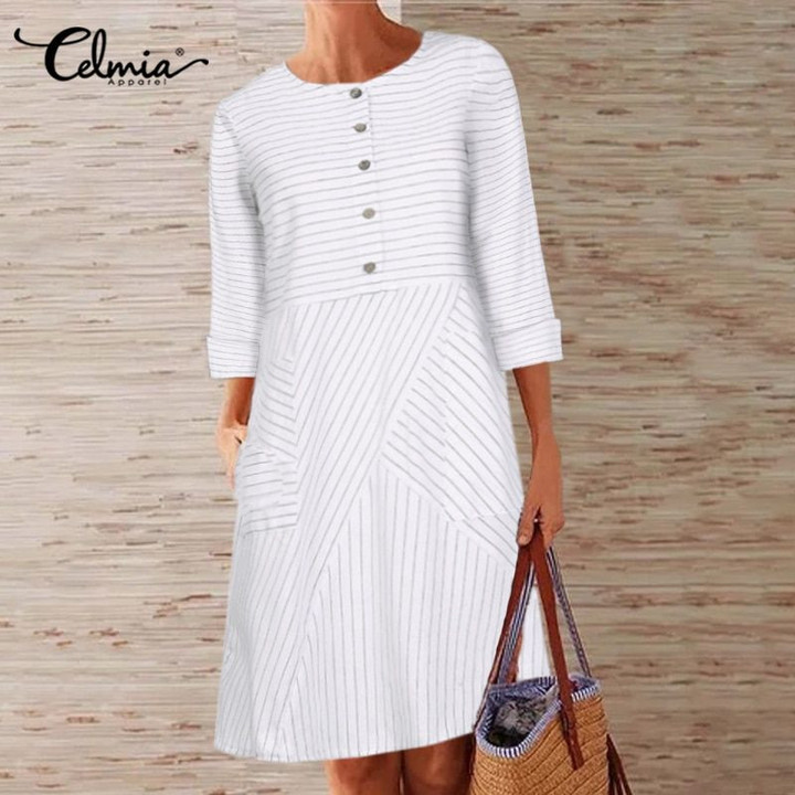 Vintage Striped Long Sleeve Office A-line casual dresses