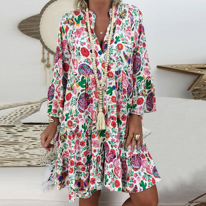Fashion Beach Floral Print Long Sleeve mini dresses