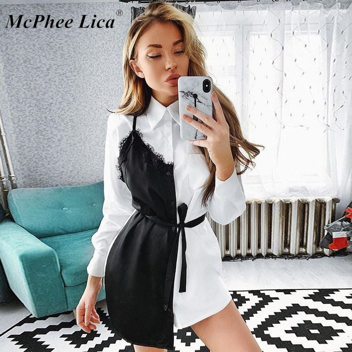 Lace White Black Patchwork Office Dresses