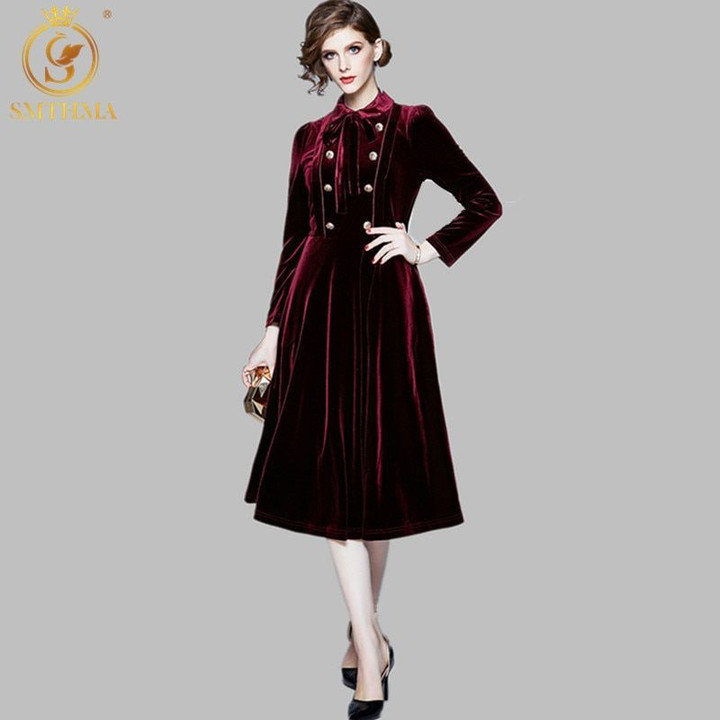 Double-breasted Long Sleeve Bow Office dresses