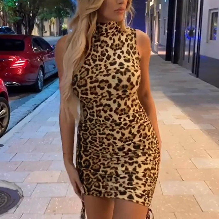 Leopard Dress Print O Neck Sleeveless Off Shoulder Dresses