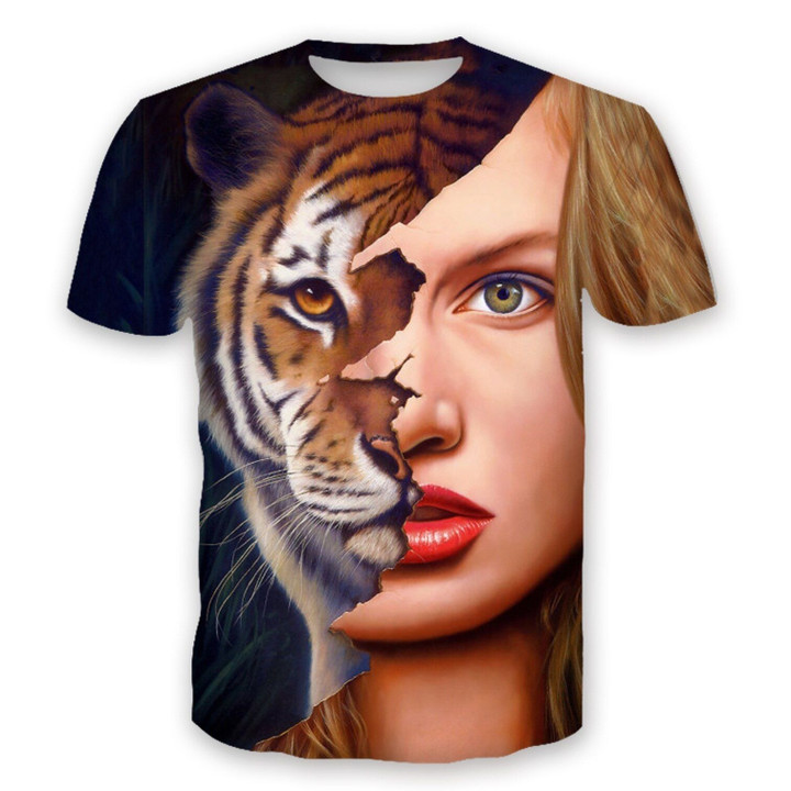 Beauty & Tiger Face Printed Short Sleeve  Casual Tops O-neck T-shirts