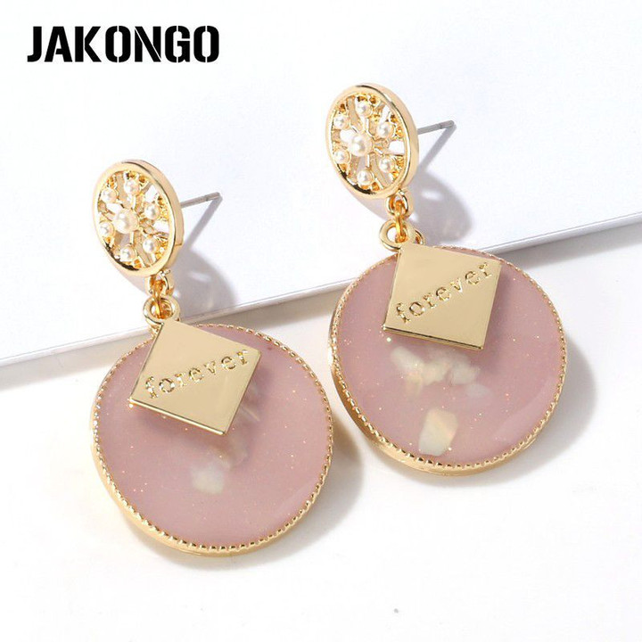 Circle Pink Drop Girl Gold Color Dangle Earrings