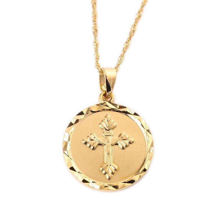 Gold Color Round Cross Pendant Jesus necklaces