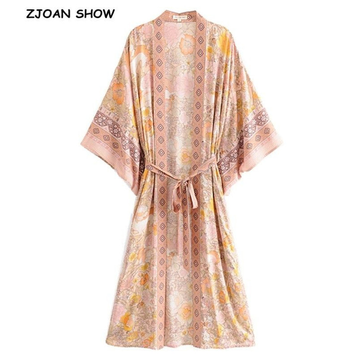 V neck Flower Print Long Kimono Shirt Ethnic boho bohemian blouse & shirts