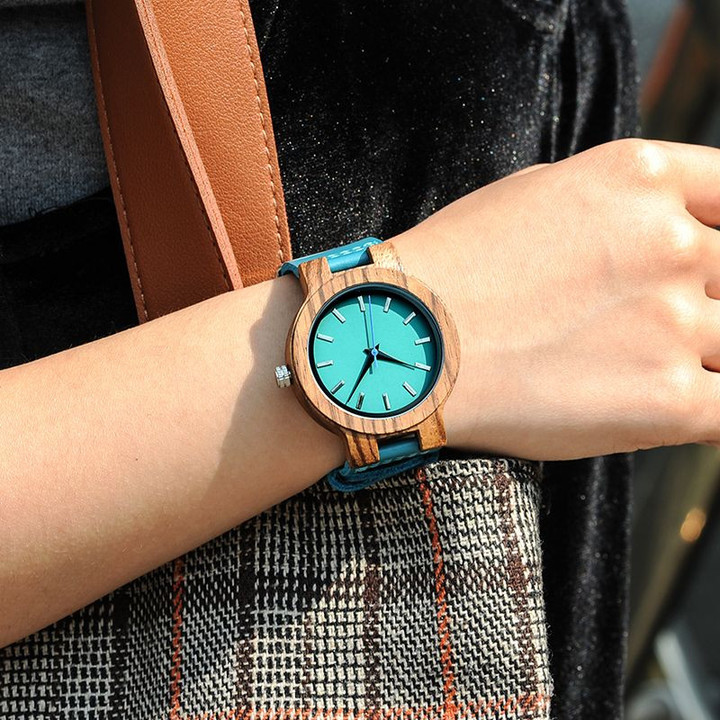 Blue Leather Belt Crafted Wood Watch