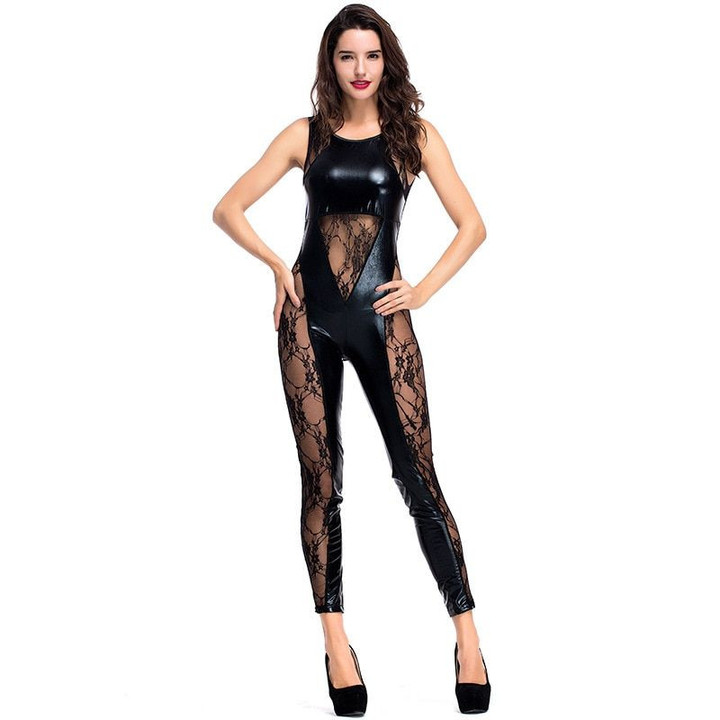 New PU Leather Skinny Lace Mesh Patchwork jumpsuits