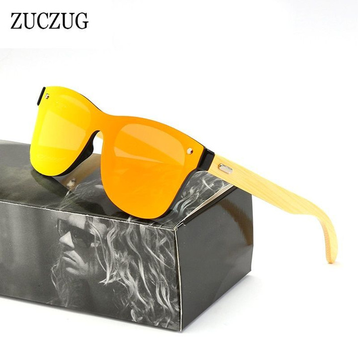 Bamboo Wood Rimless Square Colorful Mirror Lens Sunglasses
