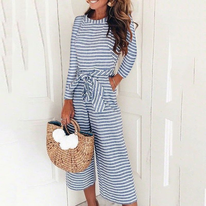 Elegant Sexy Long Sleeve Striped Loose Trousers Wide Leg Pants Jumpsuits