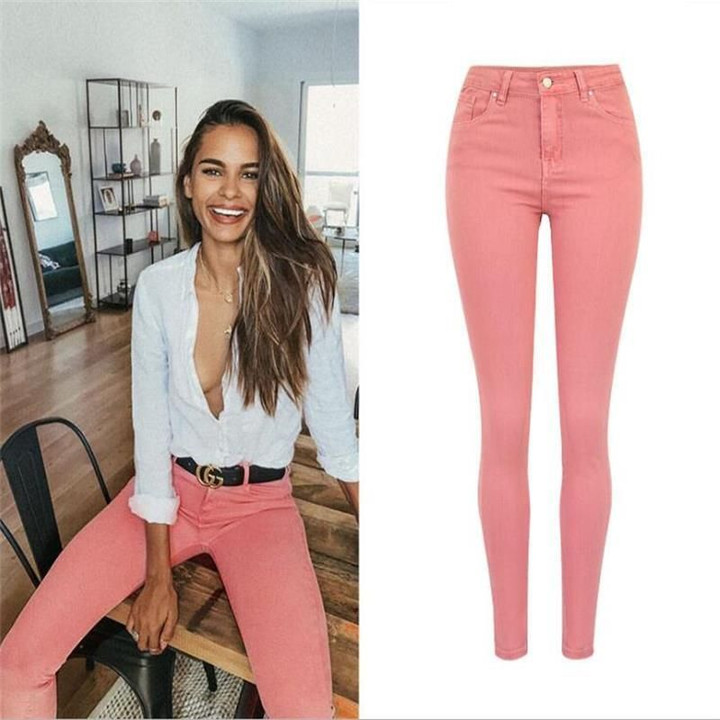 fashion Pink Stretch Hips up High waist jeans
