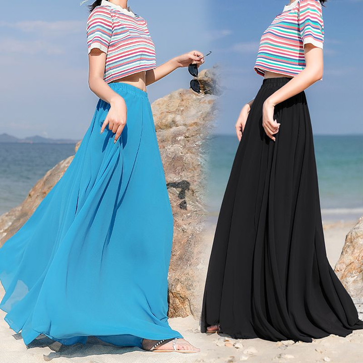 Long Stretch High Waist Solid Chiffon A-Line Casual Pleated Maxi Skirts