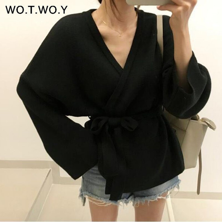 Knitted Sexy V-neck Belt Cardigans Fashion Full Sleeve  Sweaters