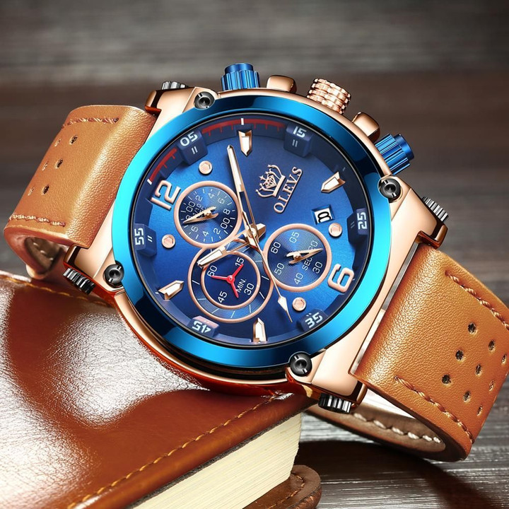 Chronograph Brown Leather Big Dial Wristwatch watches