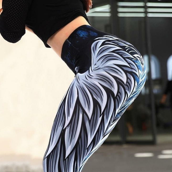 Angel wings printed High waist elastic Slim workout pants