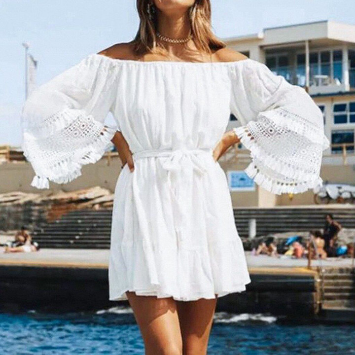 Fashion White Splicing Cotton  linen off shoulder dresses
