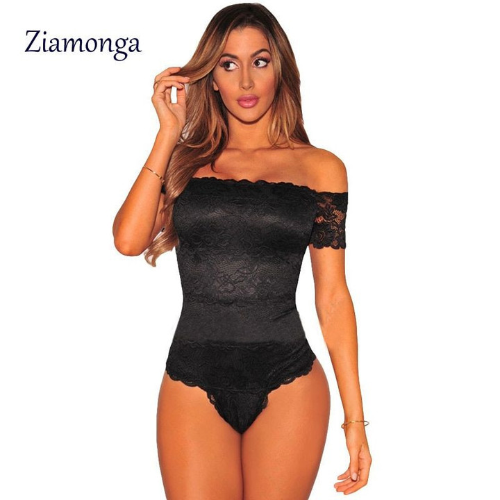 Tops Short Sleeve Black Lace Off Shoulder Sexy rompers
