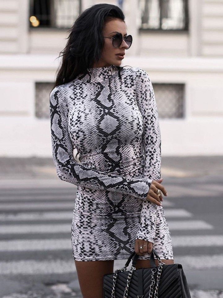 Snake Print Mini Dress Elegant Long Sleeve leopard dresses