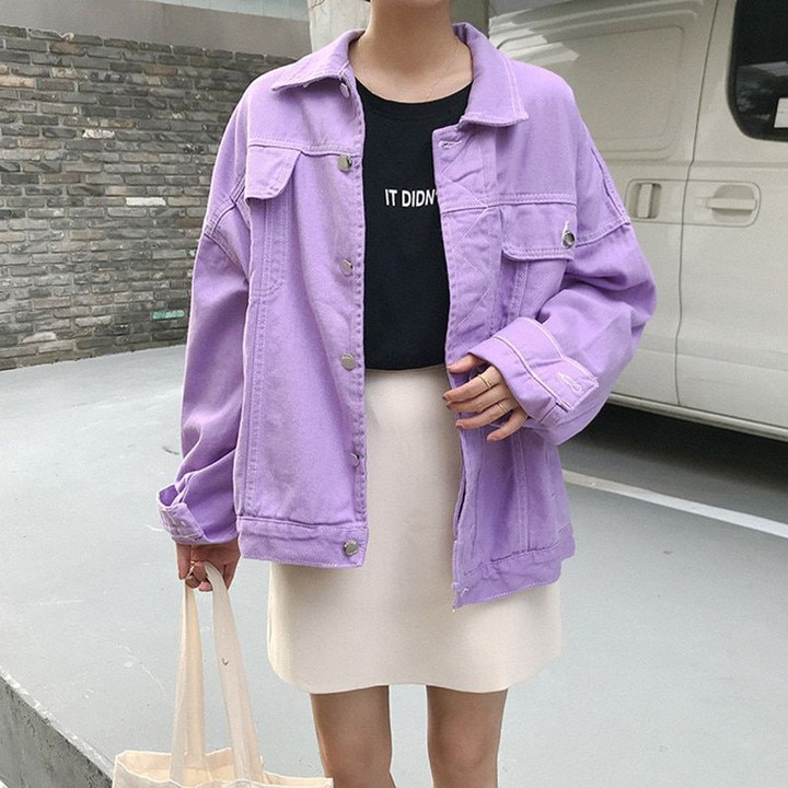 loose purple preppy style Bomber Basic Coats denim jackets