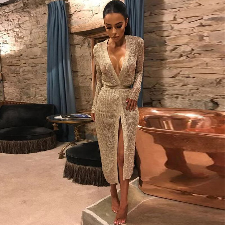 Sexy v neck knitted club wear wrap dresses