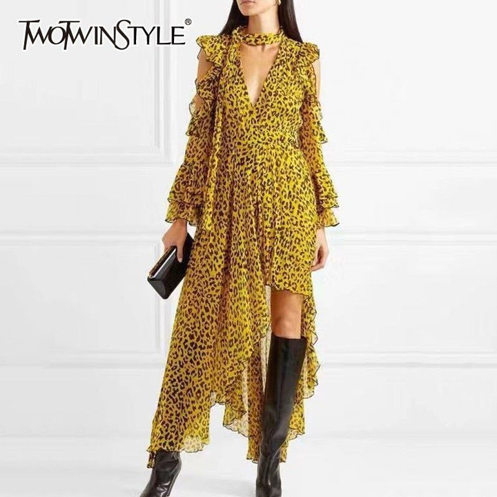 Leopard Off Shoulder Flare Sleeve Backless Ruffles Vintage Dress