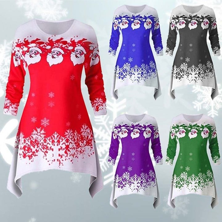 Santa Claus Tree Snow Print Long Sleeve Dress