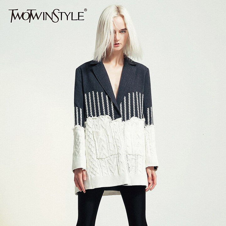 Patchwork Hit Color Notched Long Sleeve Pocket Knitted Coat