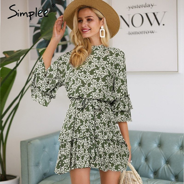 floral Loose ruffle sleeve casual holiday dress