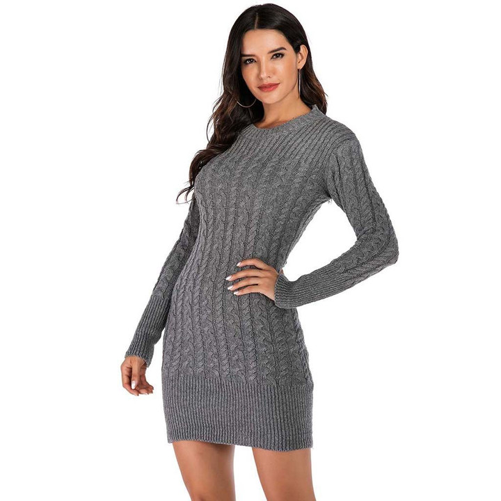Knitted Solid Long Sleeve Sweater Dress