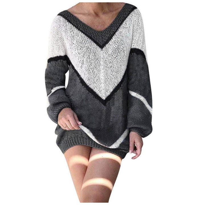 V-Neck Color Block Long Sleeve Sweater Dress