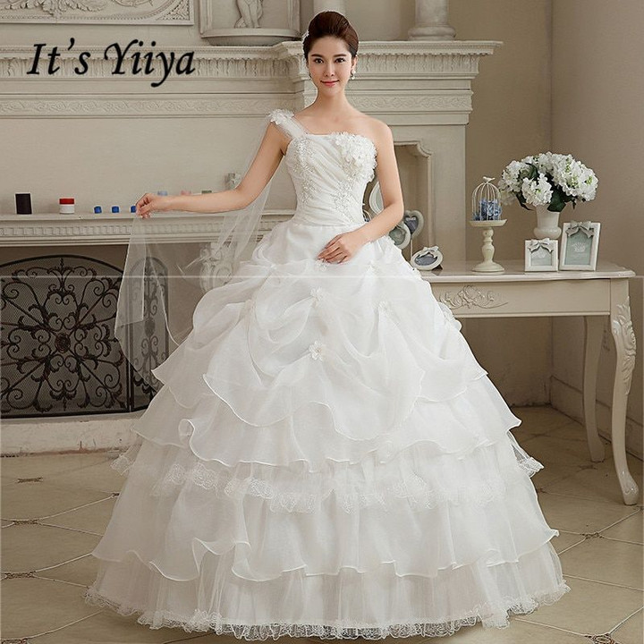 One Shoulder White Floor Length Wedding Dresses