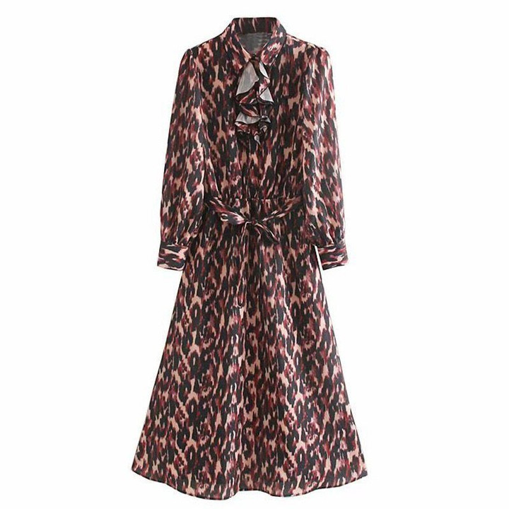 Bow Leopard Printed Turn Down Collar Buttons Dress
