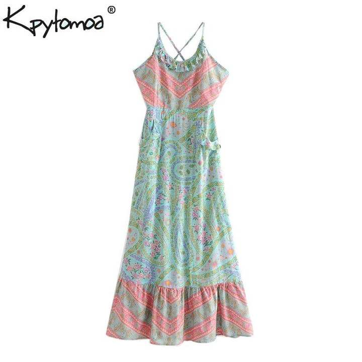 Vintage Floral Print Ruffled Long Strap Backless Pleated Dress