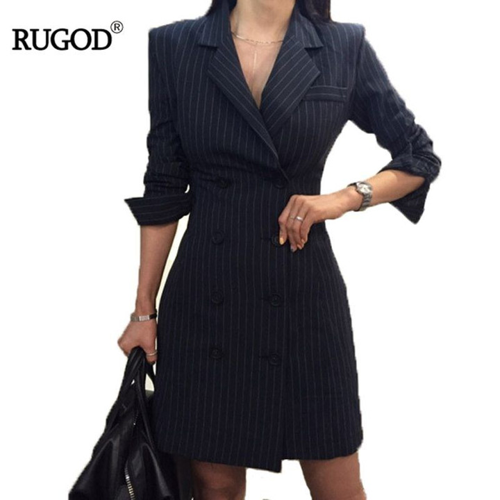 Empire Straight Striped Double Button Long Sleeve Dress