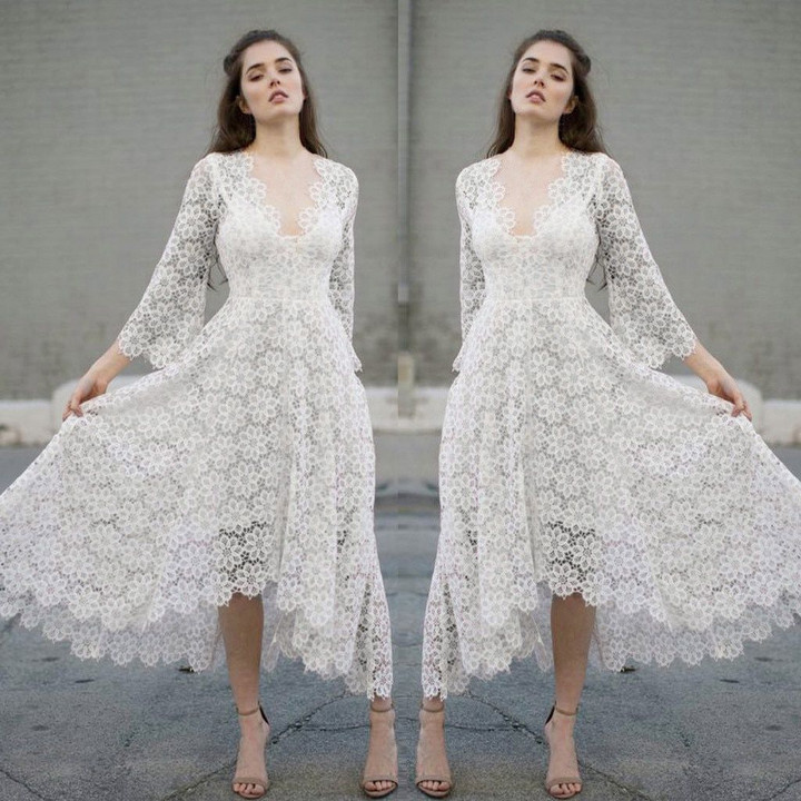 Long Sleeve V-neck Lace White Dress