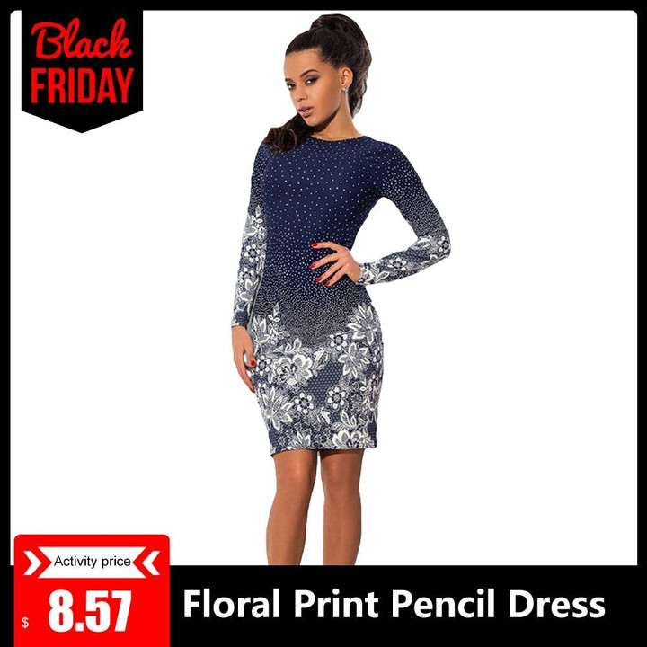 O Neck Polka Dot Floral Print Long Sleeve Pencil Dress