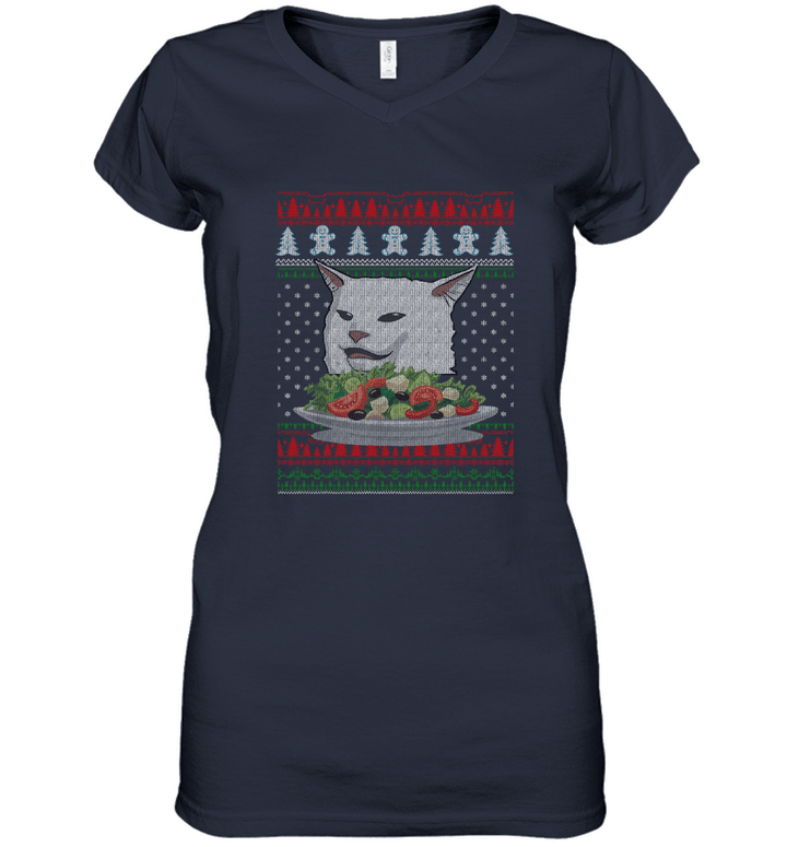 Cat Meme Woman Yelling At Table Dinner Christmas gift Women V-Neck