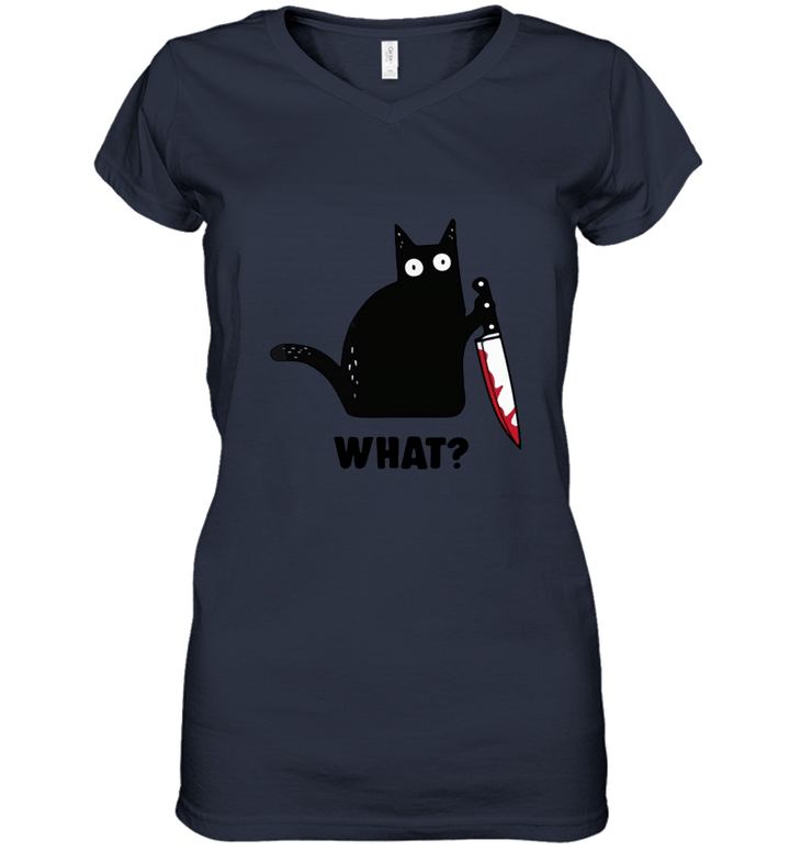 Cat What  Funny Murderous Black Cat With Knife for Halloween Women V-Neck