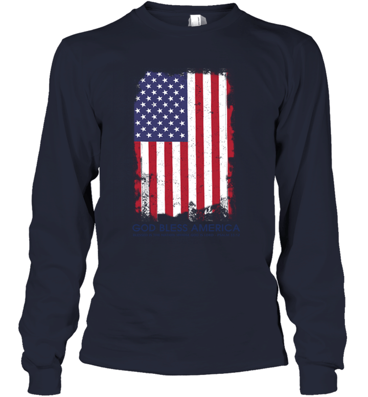 Christian God Bless America Blessed is the Nation Whose God is Lord Tattered American Flag Psalm Youth Long Sleeve