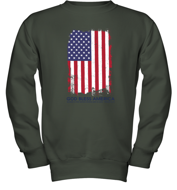 Christian God Bless America Blessed is the Nation Whose God is Lord Tattered American Flag Psalm Youth Crewneck Sweatshirt