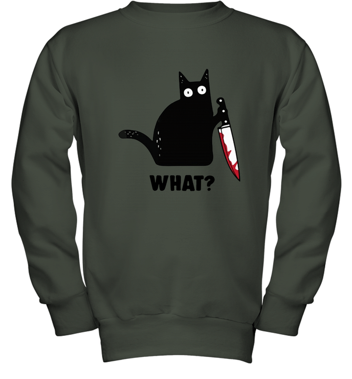 Cat What  Funny Murderous Black Cat With Knife for Halloween Youth Crewneck Sweatshirt