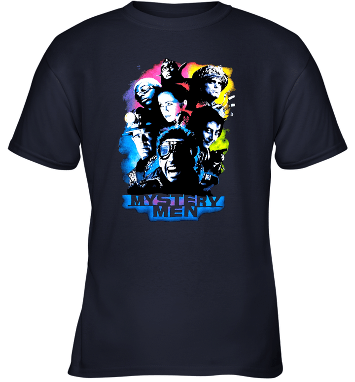 Clothing 1999 MYSTERY MEN Vintage Mr. Furious Invisible Boy The Shoveler The Blue Raja The Bowler The Spleen 90s Comedy Movie Promo T Shirt Gift for men woman 1573 White Youth T-Shirt