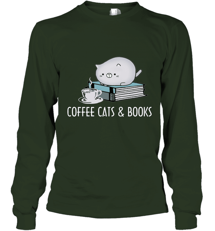 Coffee, Cat, Book Shirt, Cute Bookworm Gift Unisex Long Sleeve