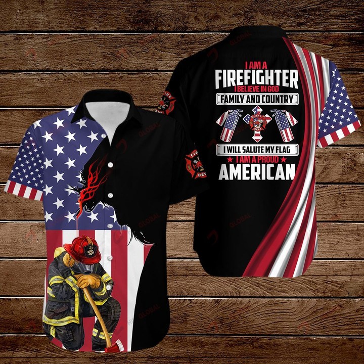 I am a Firefighter I believe in God Family and Country I will salute my flag I am a proud American Flag Jesus Christ ALL OVER PRINTED SHIRTS DH090508