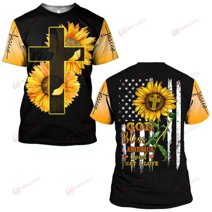 God blessed America Land that I love Sunflower Jesus Flag ALL OVER PRINTED SHIRTS DH062702