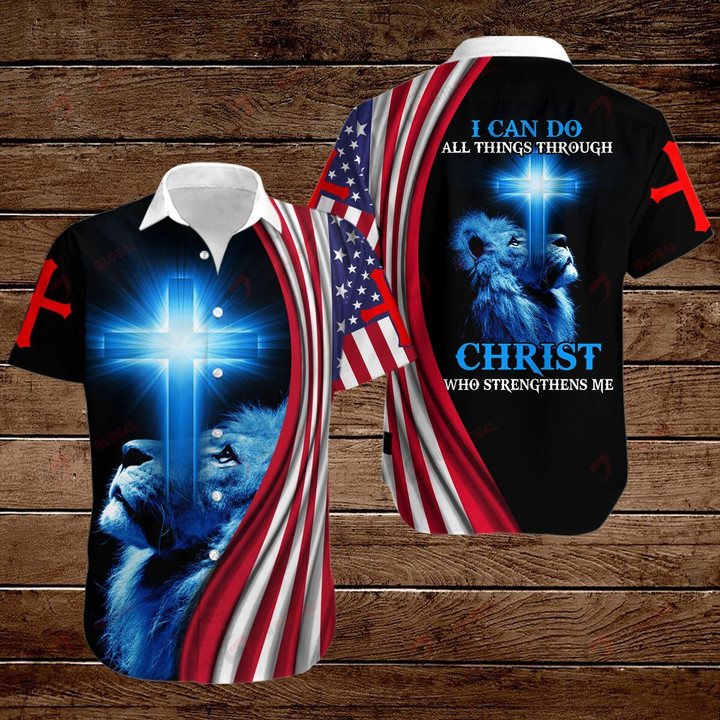 I can do all things through Christ who strengthens me American Flag blue lion  ALL OVER PRINTED SHIRTS DH081407
