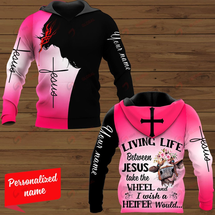 Living Life Somewhere Between Jesus Take the Wheel And I Wish A Heifer Would Farmer Personalized ALL OVER PRINTED SHIRTS
