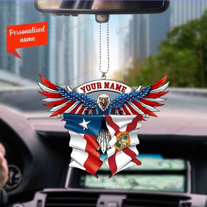 Texas Florida and United States Eagle Flag, Best gift for Independence Day, Memorial day, Car Hanging Ornament Personalized