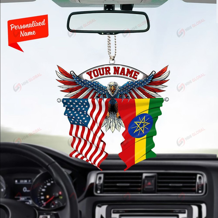 Ethiopia and United States Eagle Flag, Best gift for Independence Day, Memorial day, Car Hanging Ornament Personalized