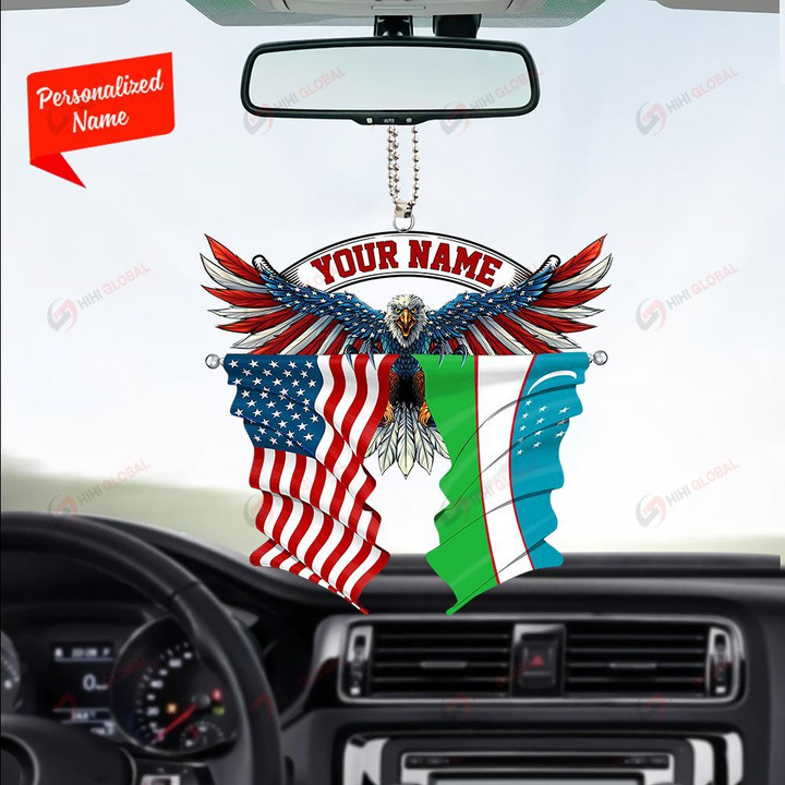 Uzbekistan and United States Eagle Flag, Best gift for Independence Day, Memorial day, Car Hanging Ornament Personalized