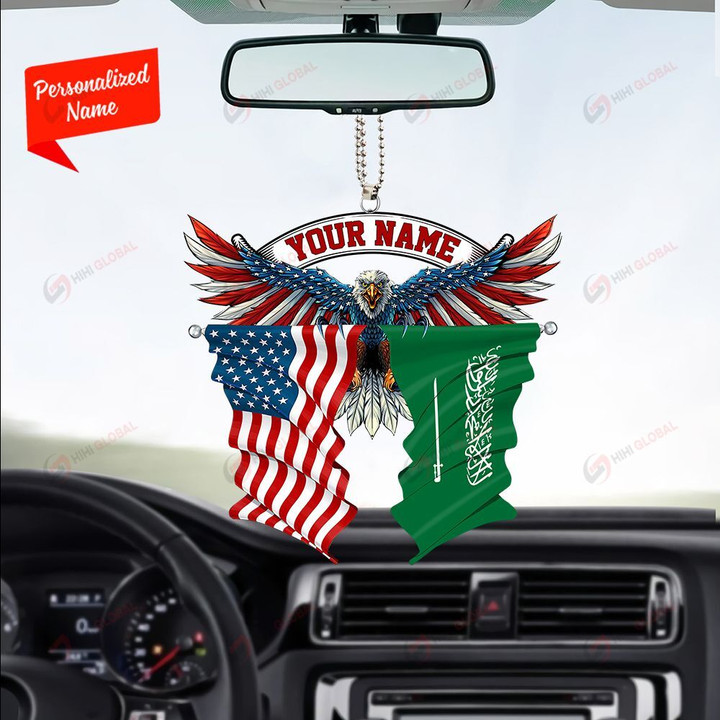 Saudi Arabia and United States Eagle Flag, Best gift for Independence Day, Memorial day, Car Hanging Ornament Personalized